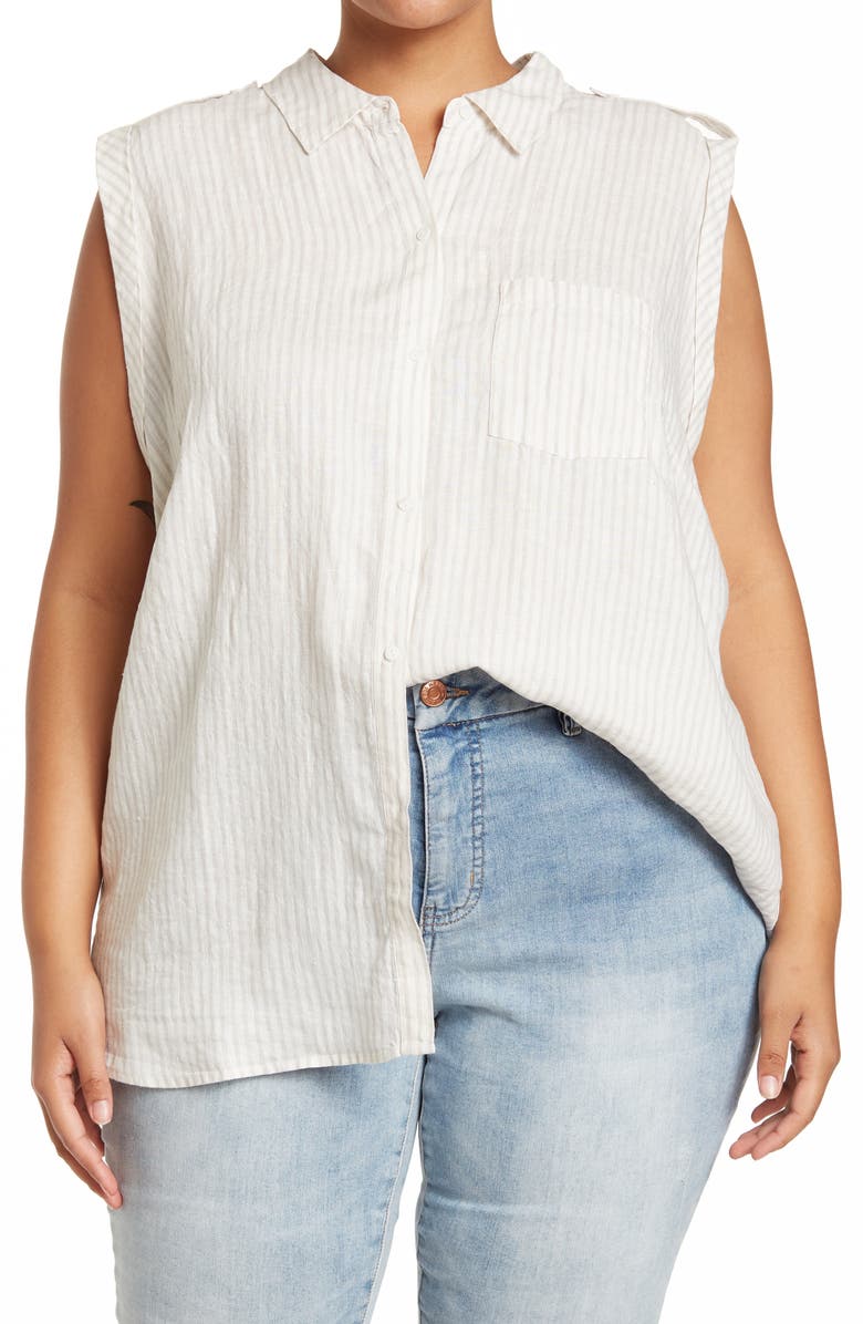 NYDJ Striped Sleeveless Linen Camp Shirt, Main, color, 