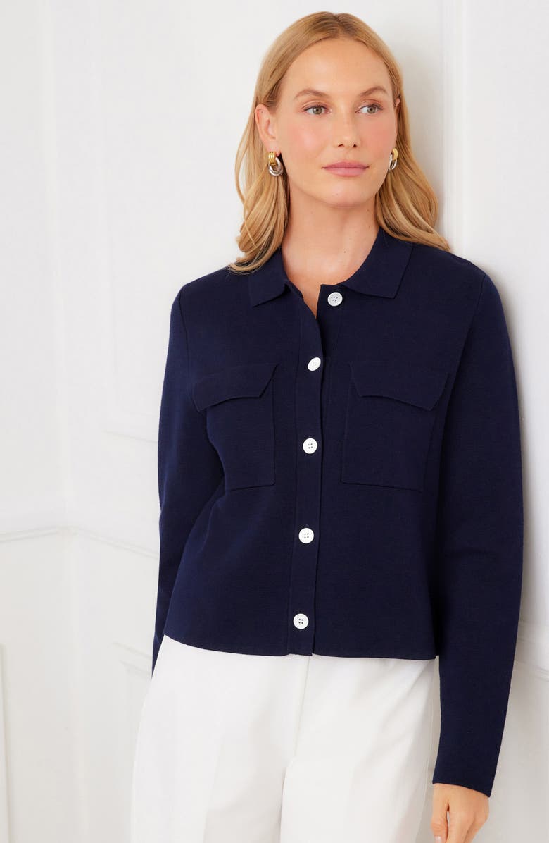 Karen Kane Collared Sweater Jacket, Alternate, color, Navy