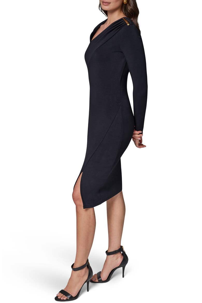 Asymmetric Long Sleeve Body-Con Dress, Alternate, color, BLACK