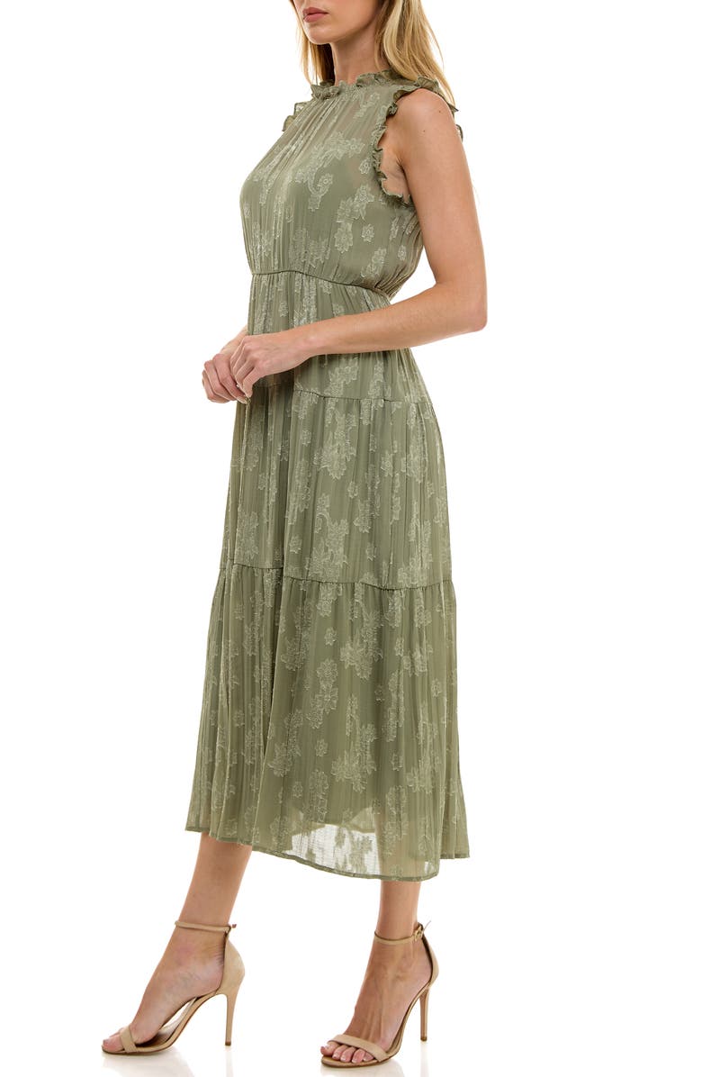 Socialite Floral Jacquard Tiered Sleeveless Dress, Alternate, color, Olive