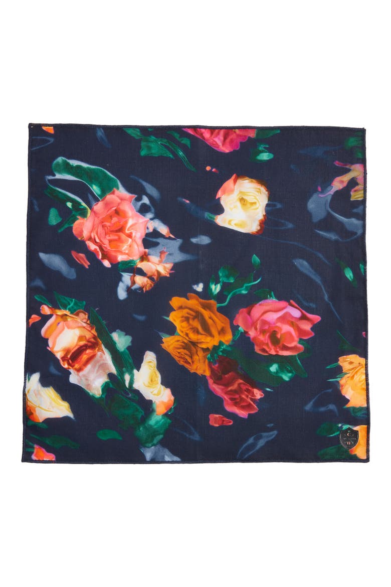 Navy & Fuchsia Floral Cotton Pocket Square, Alternate, color, NAVY