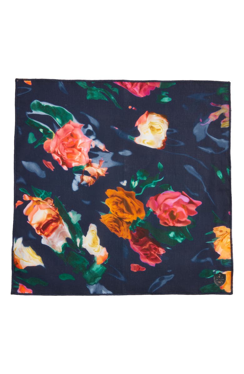 CLIFTON WILSON Navy & Fuchsia Floral Cotton Pocket Square, Alternate, color, Navy