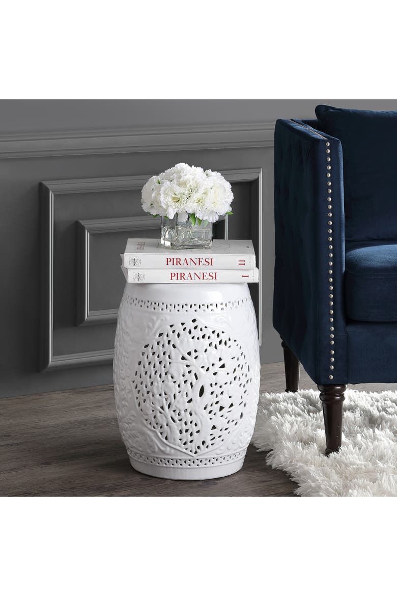 Tree of Life Traditional Floral Chinoiserie Ceramic Drum Garden Stool, Pierced Indoor/Outdoor Patio Seat & Side Table, Alternate, color, White