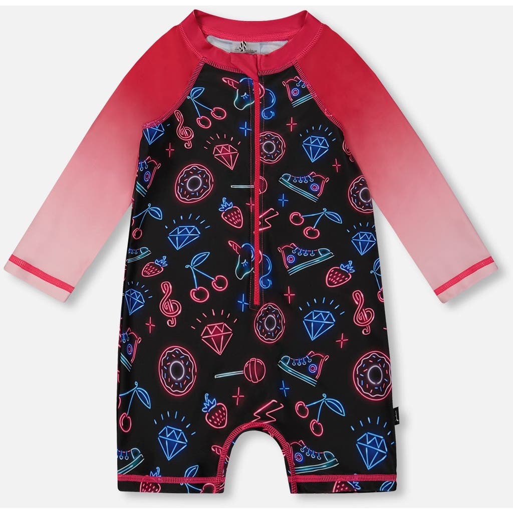 Deux Par Deux Girl's Printed Long Sleeve One-piece Rashguard Black And Blue And Pink Items In Black And Blue And Pink Items