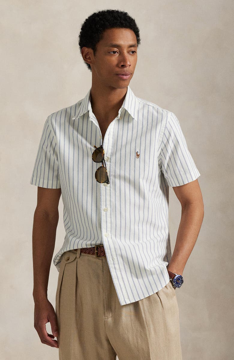 Polo Ralph Lauren Classic Fit Stripe Short Sleeve Cotton Button-Down Oxford Shirt, Alternate, color,