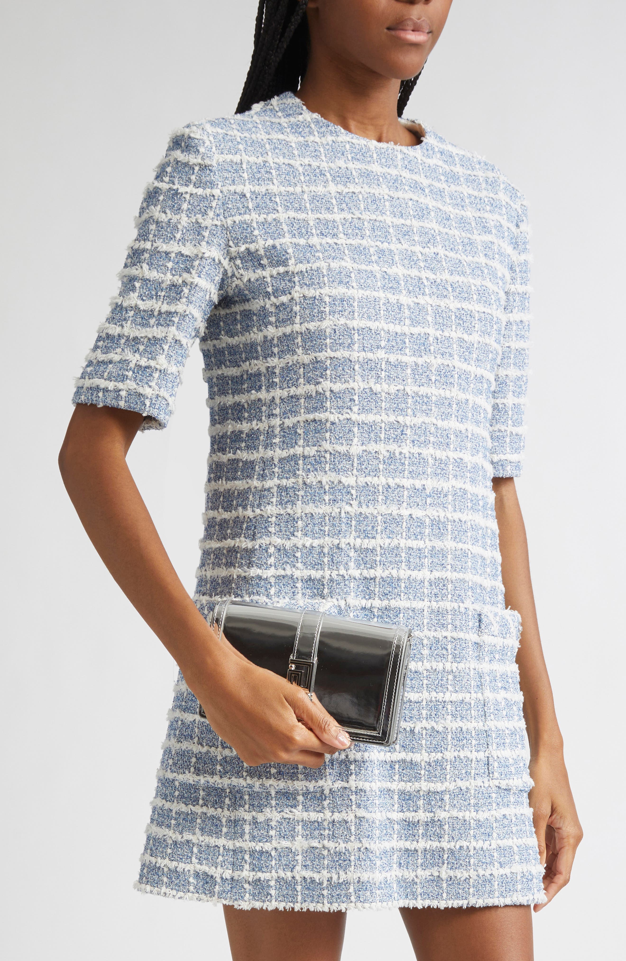 Versace Greca Metallic Leather Wallet on a Chain, Alternate, color, Silver Palladium