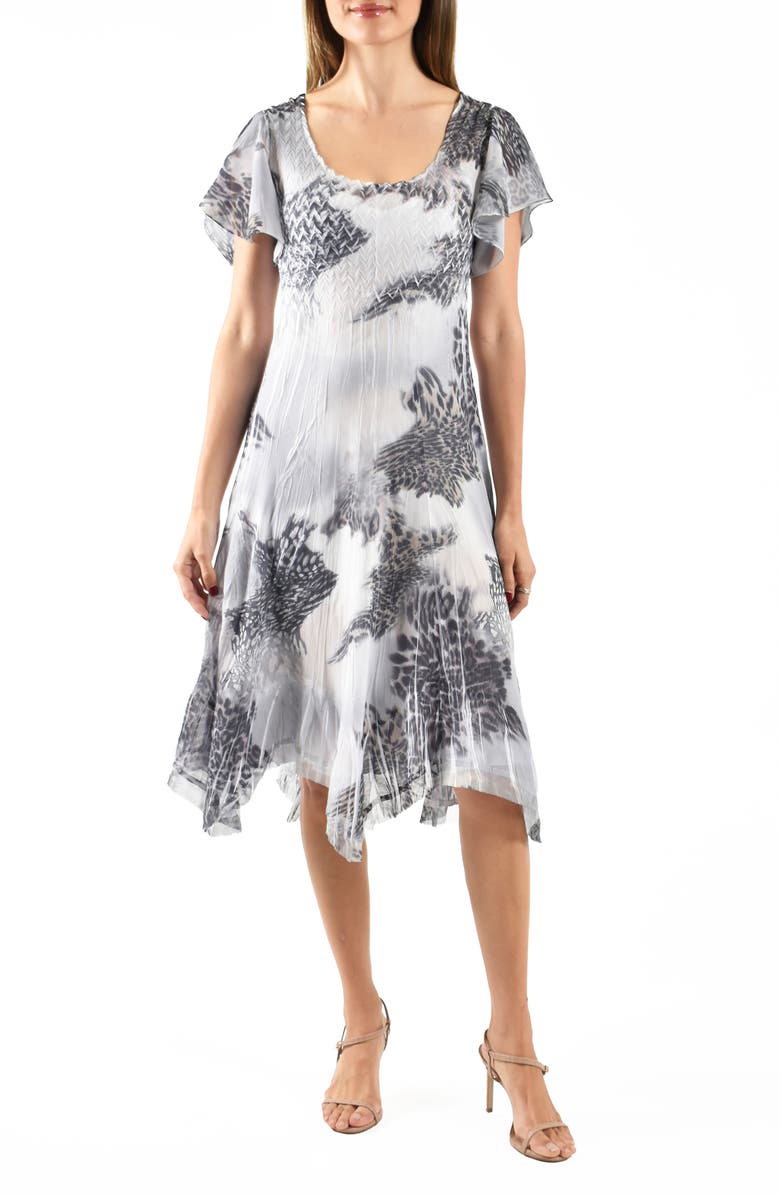 Komarov Flutter Sleeve Charmeuse & Chiffon Cocktail Dress, Main, color, Charcoal Leopard