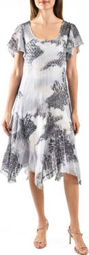 Komarov Flutter Sleeve Charmeuse & Chiffon Cocktail Dress