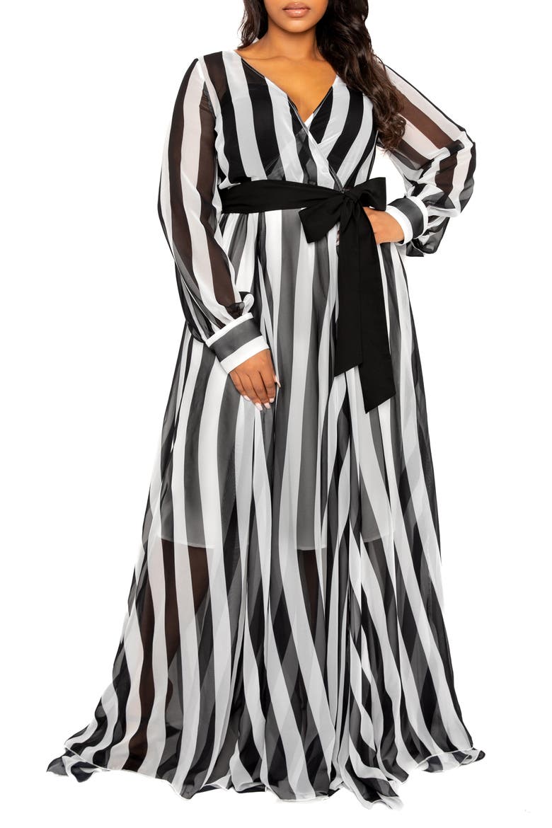 Stripe Semisheer Tie Belt Foux Wrap Maxi Dress, Main, color, BLACK WHITE
