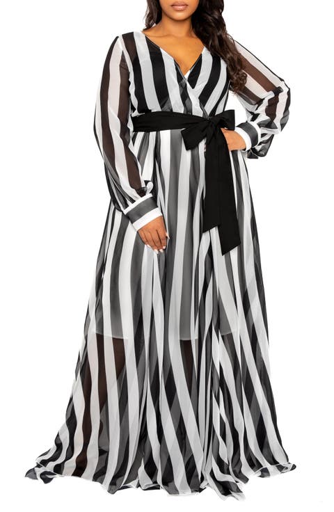 Stripe Semisheer Tie Belt Foux Wrap Maxi Dress (Plus)