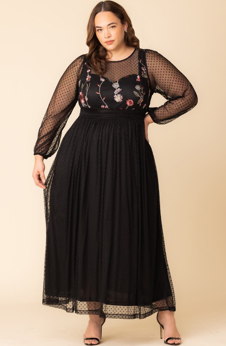 Kiyonna Mystique Embroidered Bodice Long Sleeve Mesh Gown, Alternate, color, Bordeaux Blooms