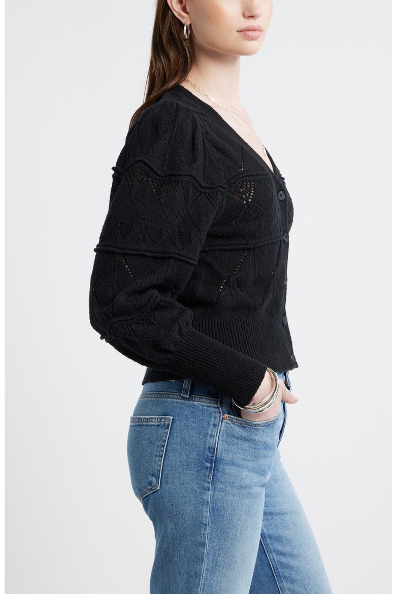 Pointelle Knit Button Front Cotton Cardigan, Alternate, color, BLACK