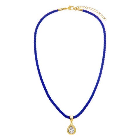 Colored CZ Pear Bezel Pendant & Twisted Cotton Rope Necklace