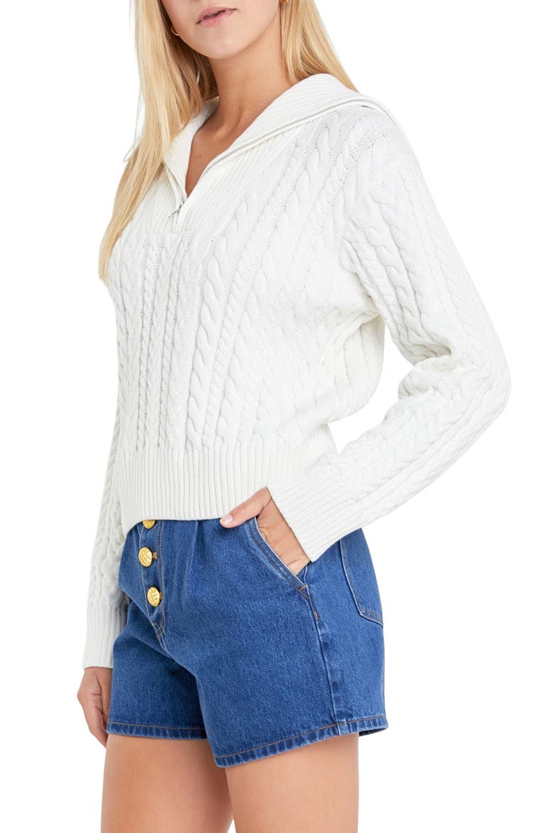 Quarter Zip Cable Knit Cotton Sweater, Alternate, color, IVORY