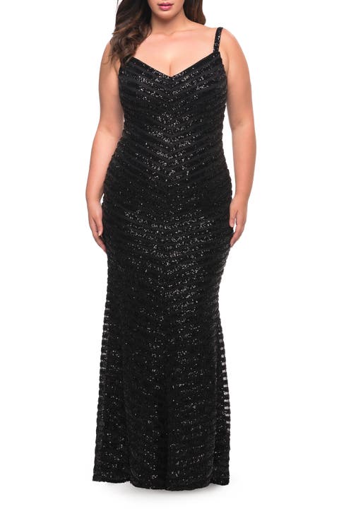 Thick Line Sequin Print Plus Size Gown with V-Neck