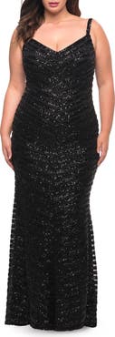 La Femme Thick Line Sequin Print Plus Size Gown with V-Neck