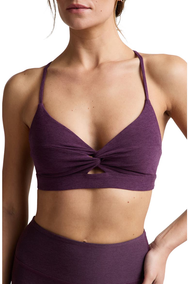 Twist Front Strappy Sports Bra, Main, color, BRILLIANT BLACKBERRY HEATHER