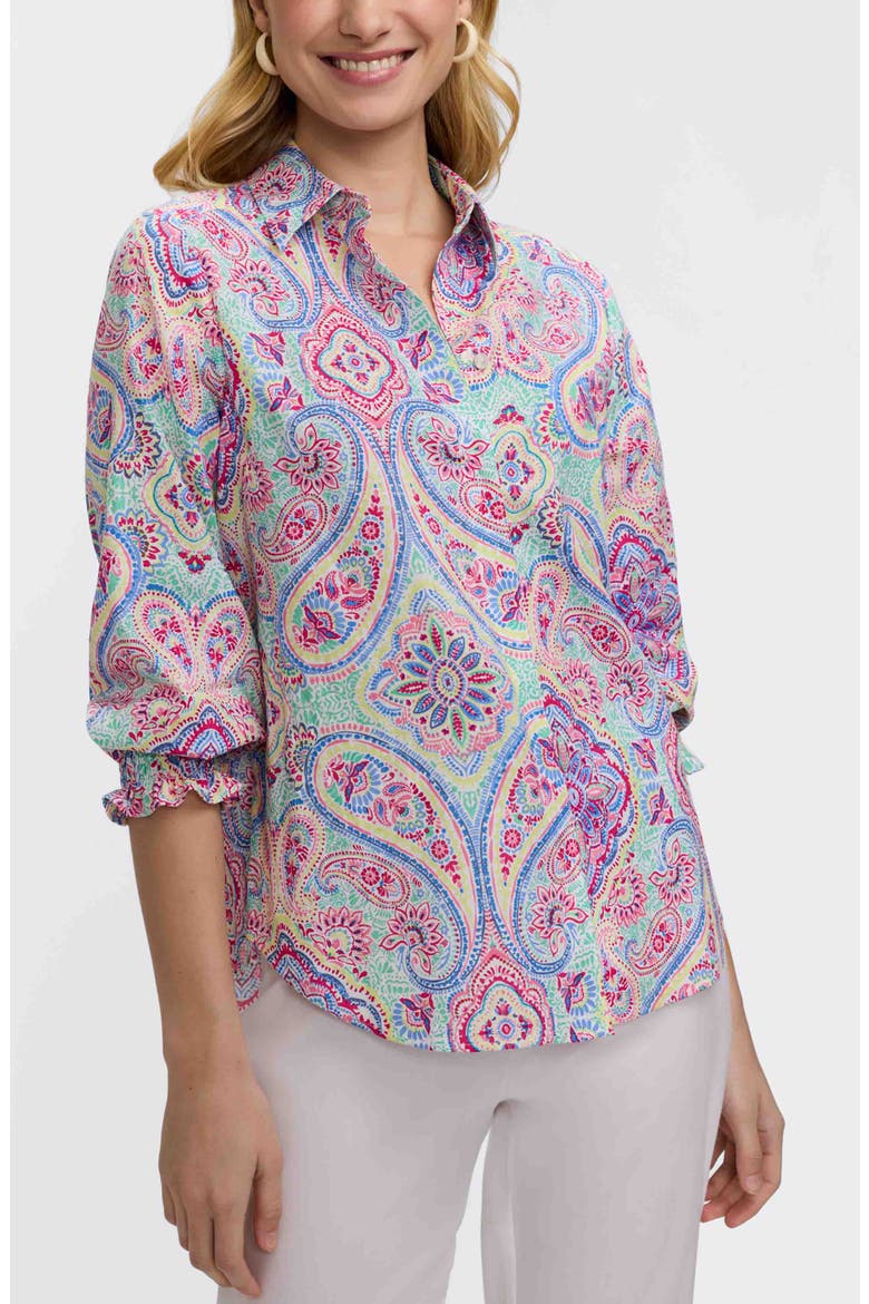 Olivia Paisley Smocked Cuff Linen Blend Button-Up Shirt, Main, color, GREEN/ MULTI