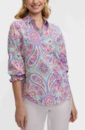 Foxcroft Olivia Paisley Smocked Cuff Linen Blend Button-Up Shirt