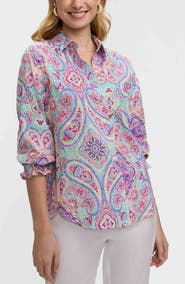 Foxcroft Olivia Paisley Smocked Cuff Linen Blend Button-Up Shirt