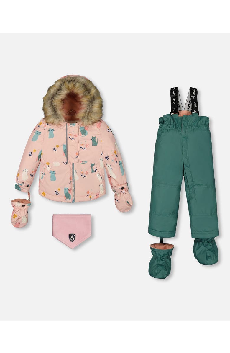 Deux par Deux Baby Girl's Two Piece Baby Snowsuit Sage Green And Printed Cats, Main, color, 