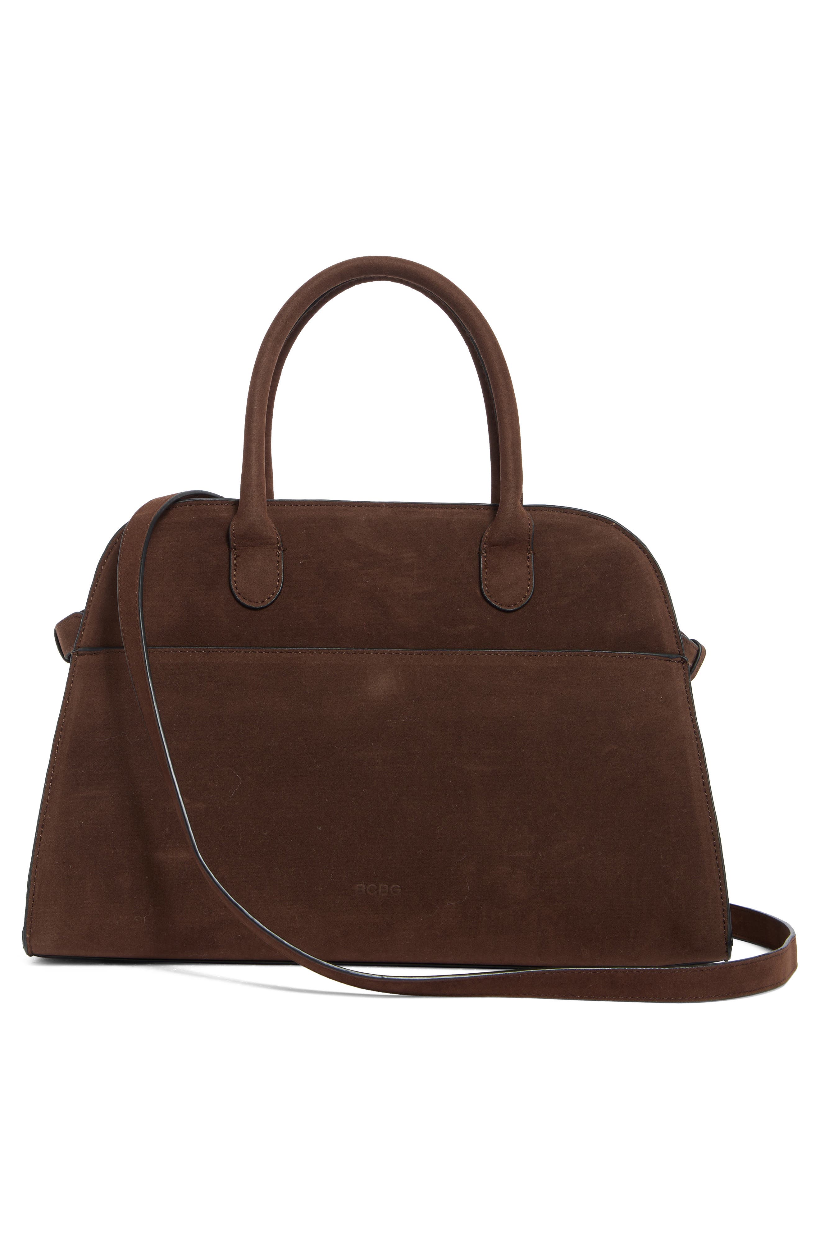 BCBG Suede Structured Satchel Bag, Alternate, color, Chocolate