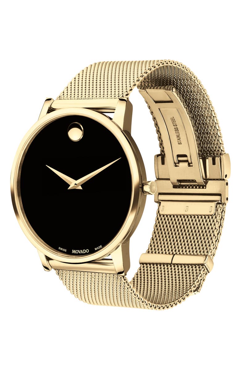 Movado Museum Mesh Bracelet Watch, 40mm, Alternate, color, Gold/ Black/ Gold