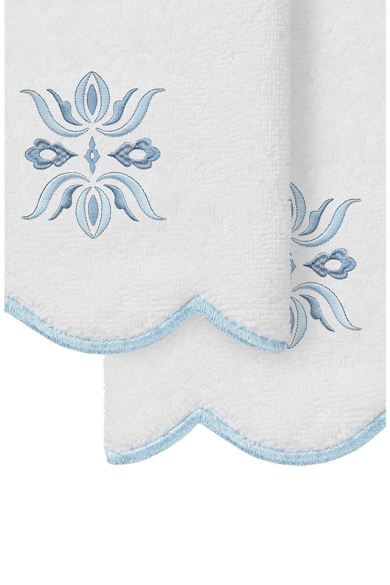 Flower Crest Scalloped Set of 2 Washcloths, Alternate, color, WHITE/ BLUE