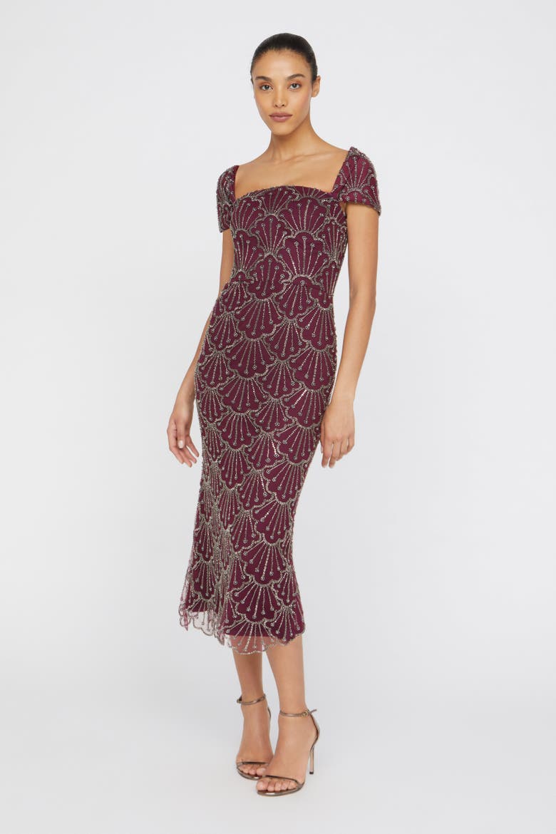 Serena Beaded Cocktail Square-Neck Sheath Dress, Alternate, color, Oxblood