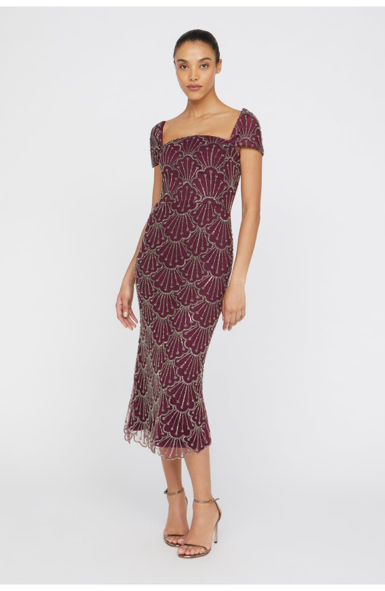 Theia Serena Beaded Cocktail Square-Neck Sheath Dress, Alternate, color, Oxblood