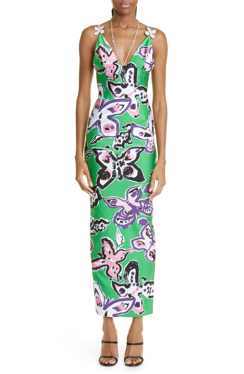 Area Butterfly Print Crystal Detail Maxi Dress, Main, color,
