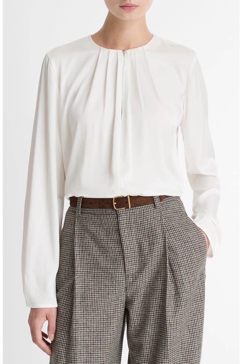 Pleated Neck Silk Blend Top, Main, color, OFF WHITE