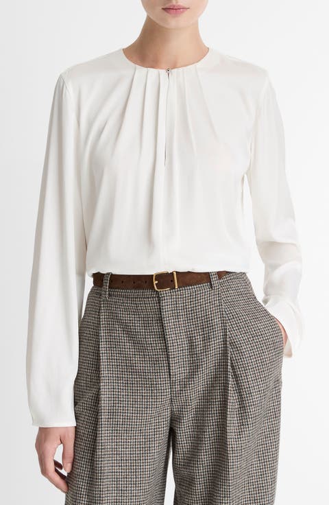 Pleated Neck Silk Blend Top