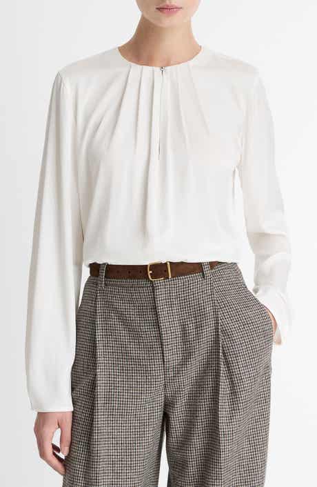 Vince Pleated Neck Silk Blend Top