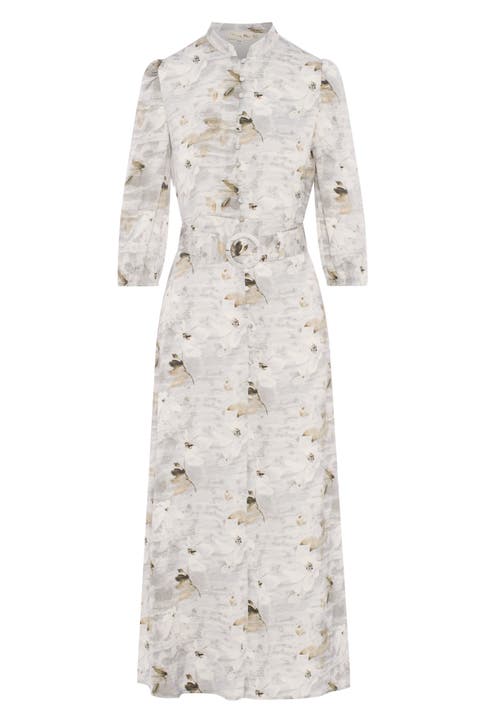 Chiffon Button-Front Belted Waist Maxi Dress