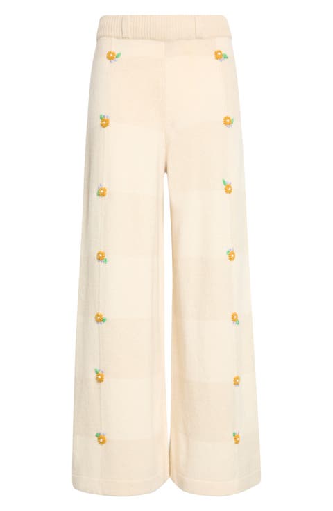 Daisy Check Embroidered Wide Leg Pants