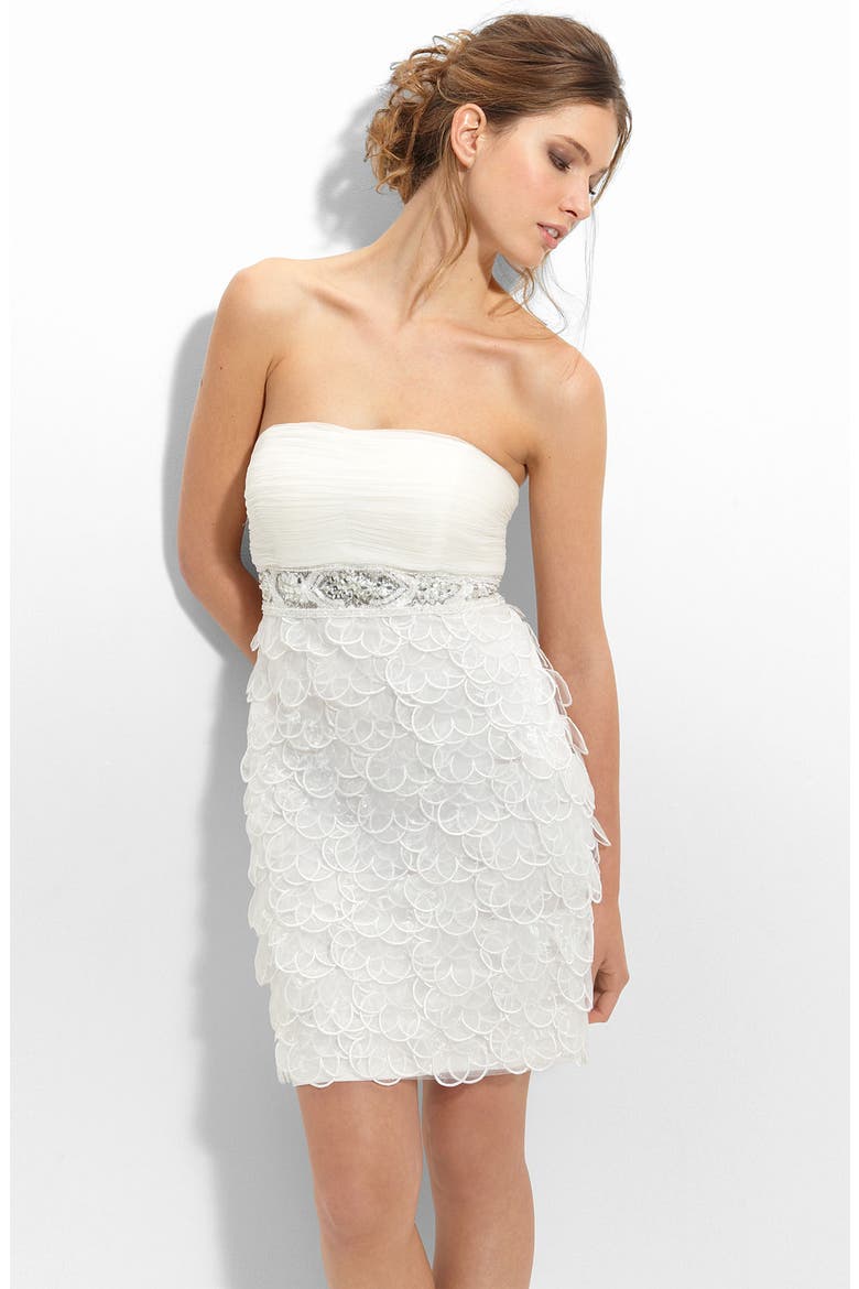 Strapless Chiffon & Organza Sheath Dress, Main, color, WHITE