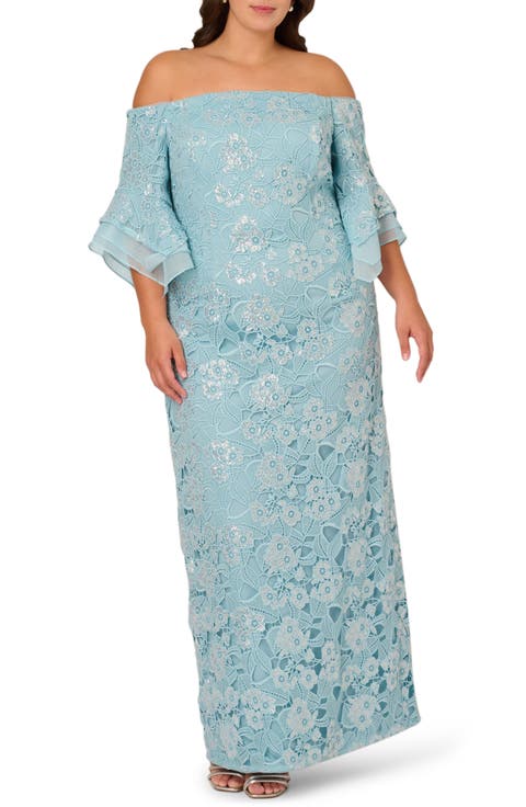 Sequin Lace Off the Shoulder Column Gown (Plus)