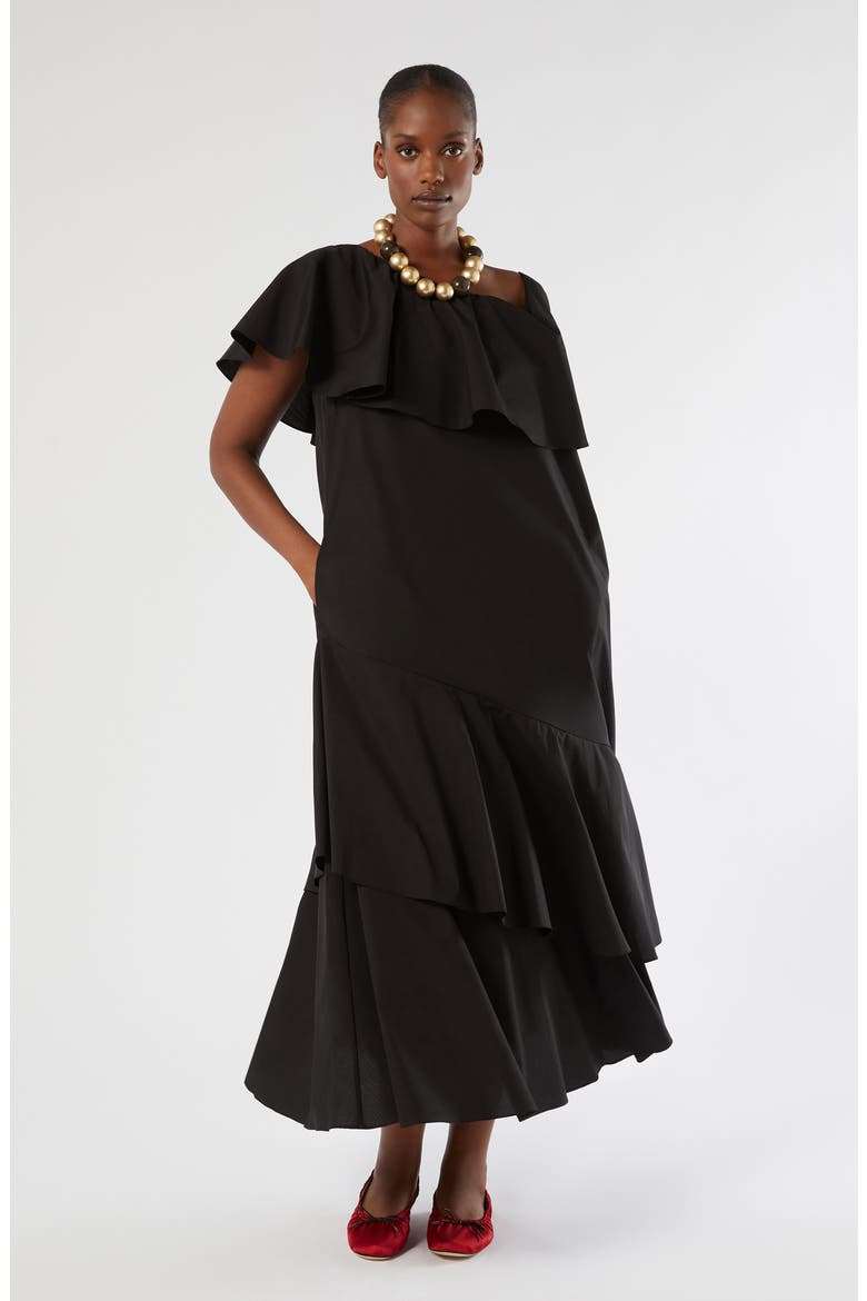 Pioppo Asymmetric Neck Tiered Cotton Dress, Alternate, color, BLACK