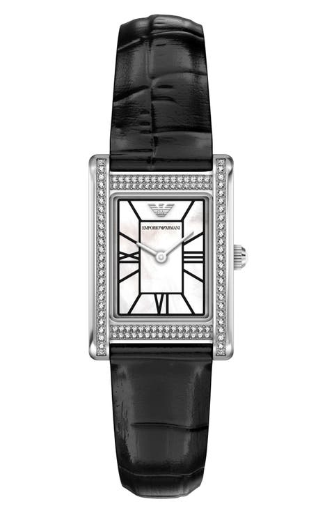 Genni Mother-of-Pearl Leather Strap Tank Watch, 22mm x 32mm