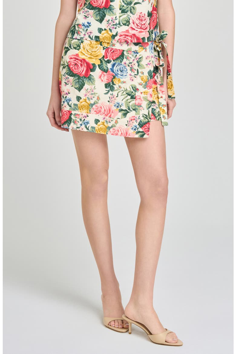 Amelia Floral Linen Blend Wrap Miniskirt, Main, color, IVORY ROSES