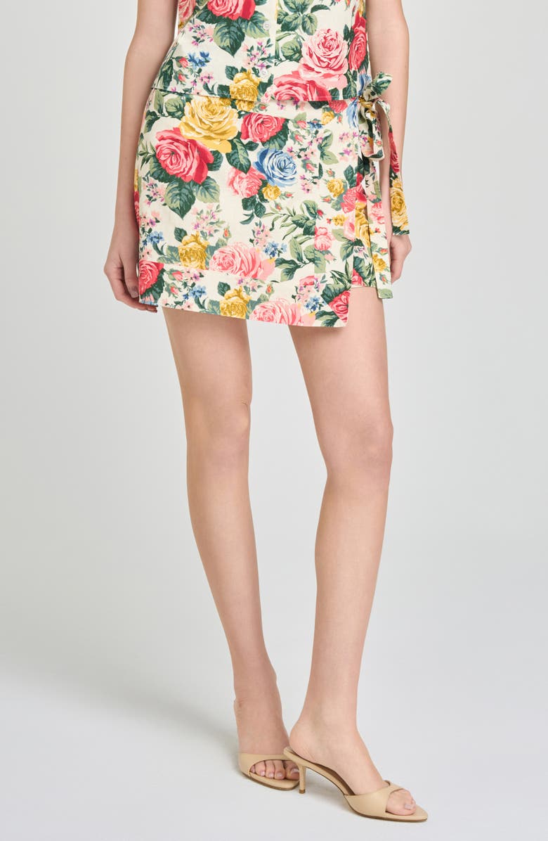 WAYF Amelia Floral Linen Blend Wrap Miniskirt, Main, color, Ivory Roses