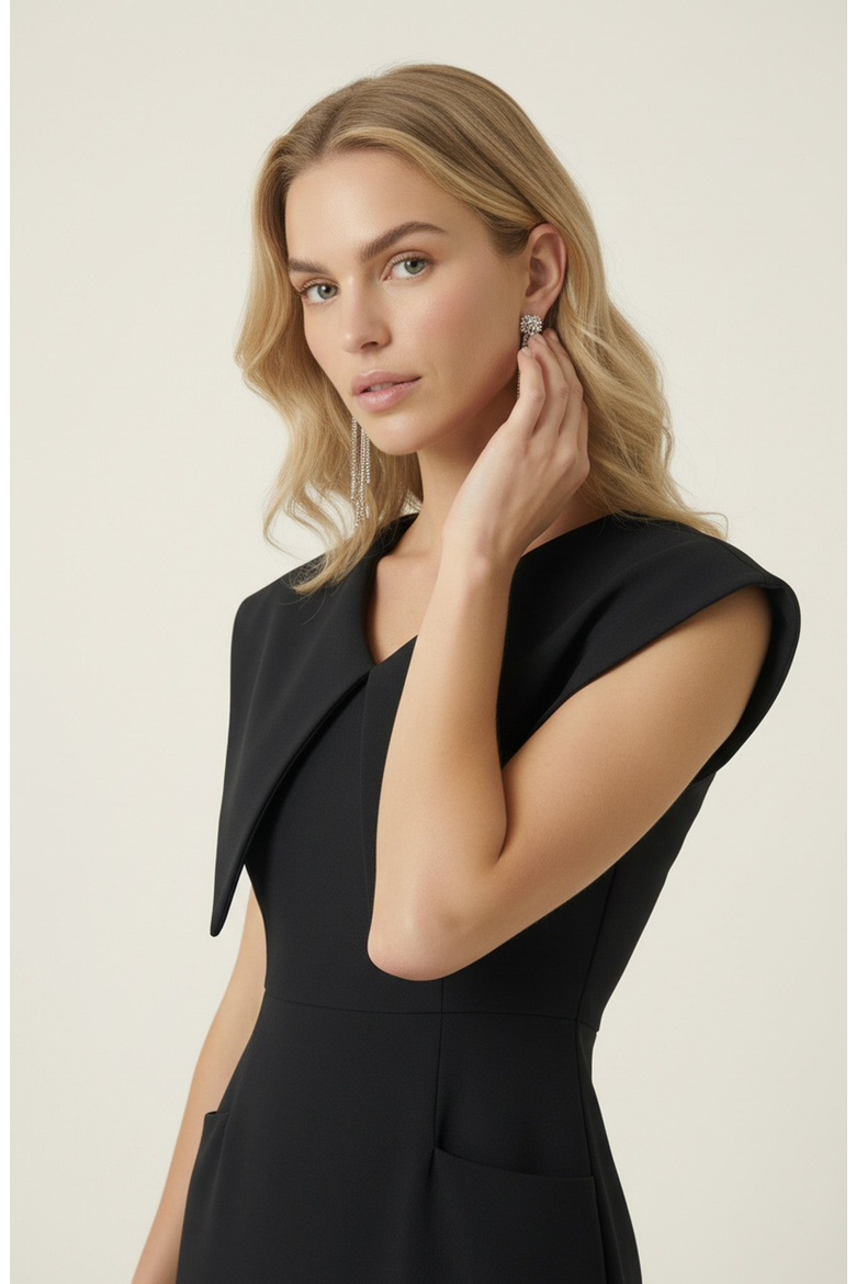 Wide Collar Midi Sheath Dress, Alternate, color, Black