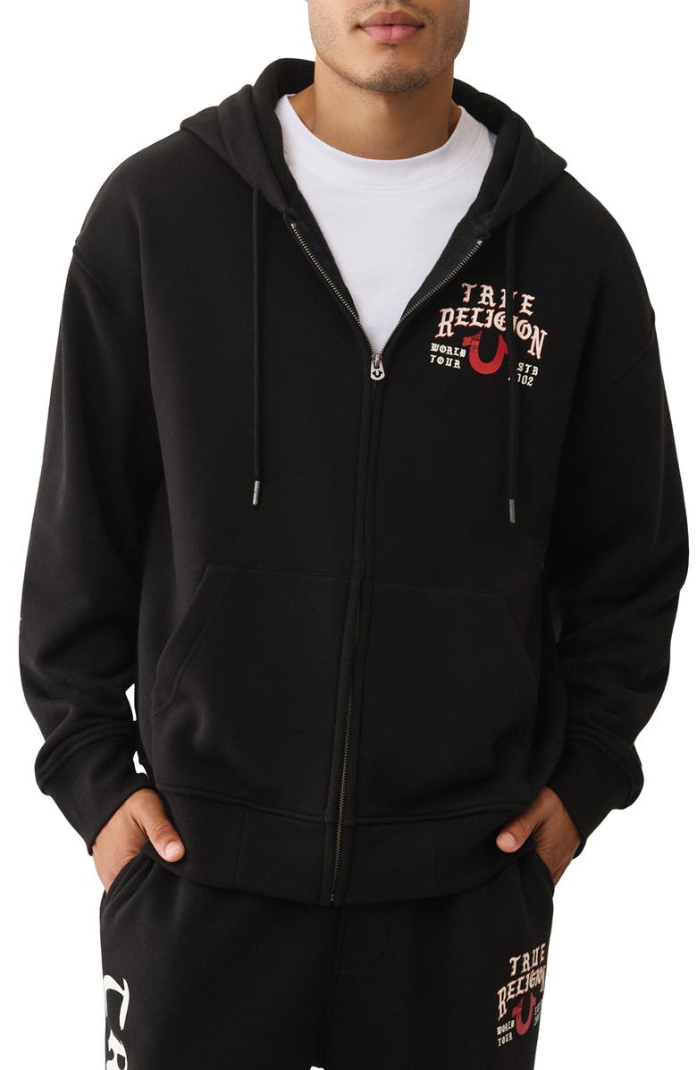 True Religion Flag Cotton Blend Zip-Up Hoodie, Main, color, Jet Black