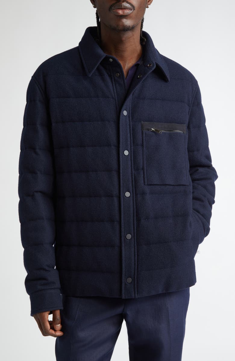 ZEGNA Oasi Quilted Water Repellent Cashmere Down Shirt Jacket, Main, color, Navy
