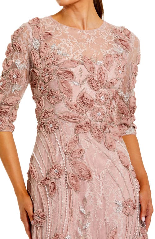 Mac Duggal 3/4 Sleeve High Neck Embroidered A-line Gown In Pink