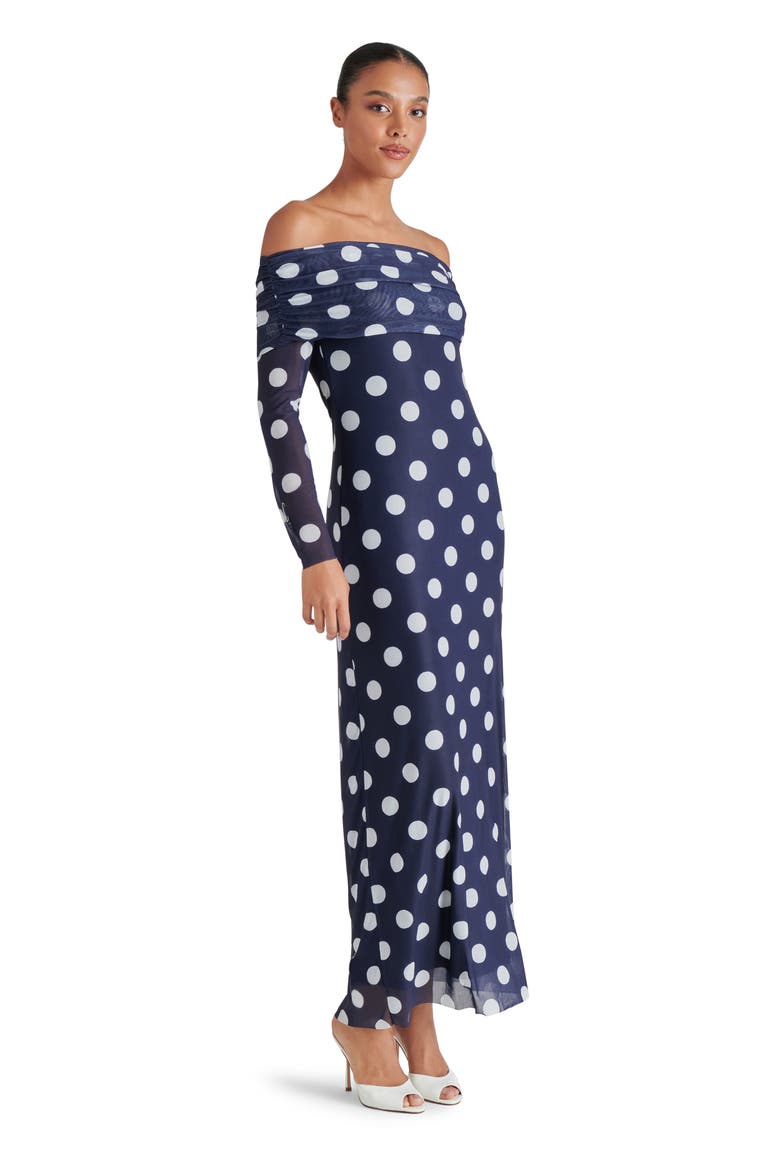 Aurelia Dot Off the Shoulder Long Sleeve Maxi Dress, Alternate, color, MARINE