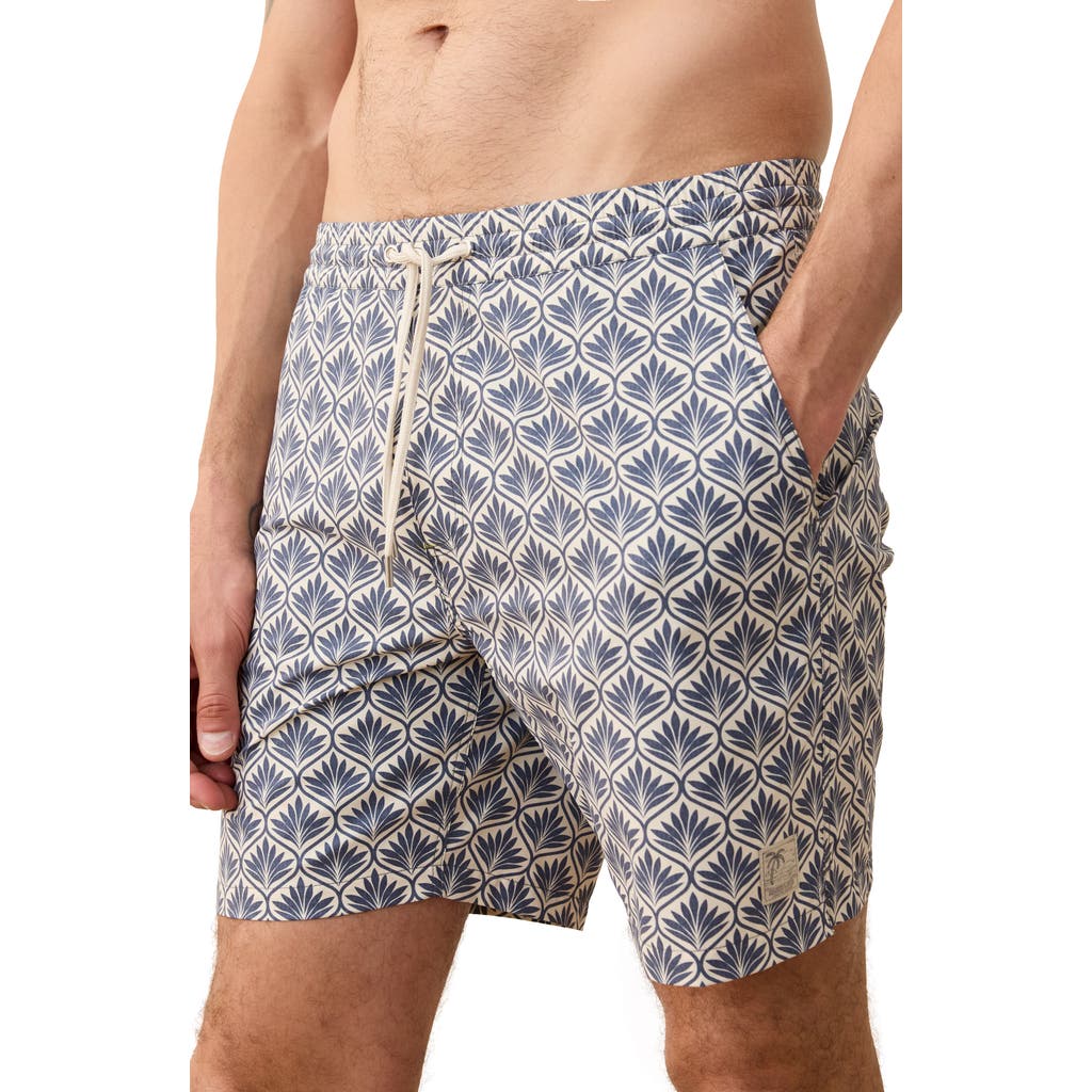 Marine Layer Leaf Print 6-inch Lined Hybrid Swim Trunks In Blue