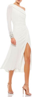 Mac Duggal Asymmetrical One Shoulder Jewel Accented Cuff Midi Dress