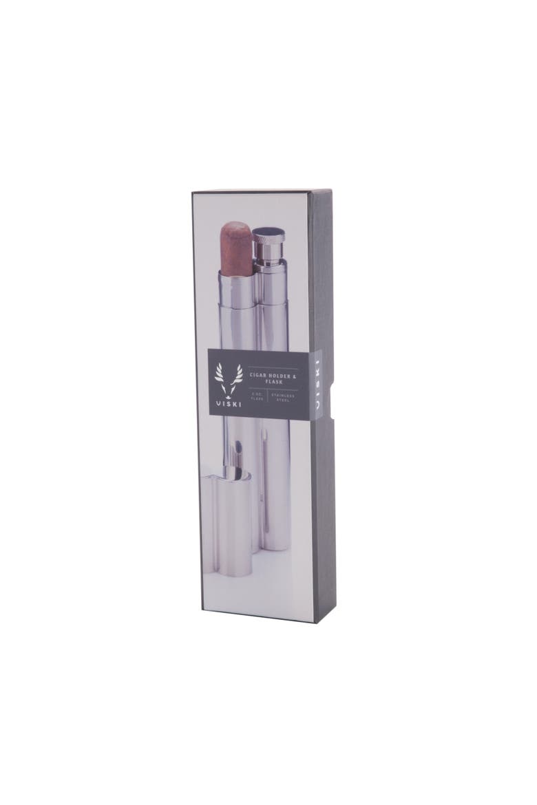 Cigar Holder and Flask in Stainless Steel, Alternate, color, Silver